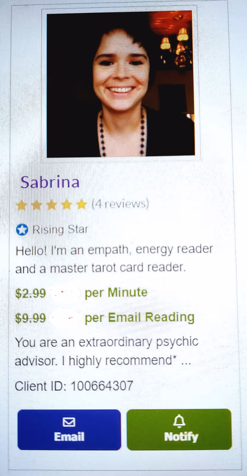 Psychic Oz Platform, which shows face of Sabrina Taro, with 4 reviews with 5 stars and it says "You are an extraordinary psychic advisor, I highly recommend." 