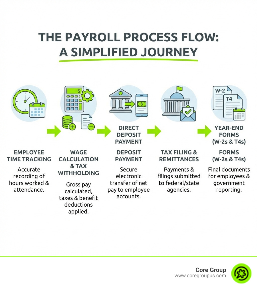 infographic showing the payroll process flow from employee time tracking, to wage calculation and tax withholding, to direct deposit payment, to tax filing and remittances, ending with year-end forms like W-2s and T4s - hr and payroll for small business infographic infographic showing the payroll process flow from employee time tracking, to wage calculation and tax withholding, to direct deposit payment, to tax filing and remittances, ending with year-end forms like W-2s and T4s - hr and payroll for small business infographic