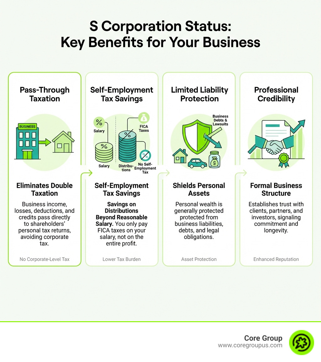 Infographic showing the key benefits of S corporation status: Pass-through taxation eliminates double taxation, self-employment tax savings on distributions beyond salary, limited liability protection shields personal assets from business debts, and professional credibility with formal business structure - How to form S corp infographic 