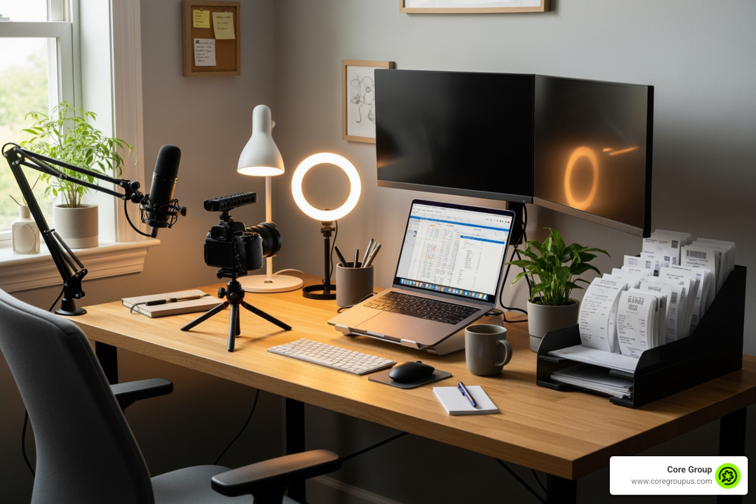 organized home office with a ring light, camera, and neatly filed receipts - taxes for influencers organized home office with a ring light, camera, and neatly filed receipts - taxes for influencers