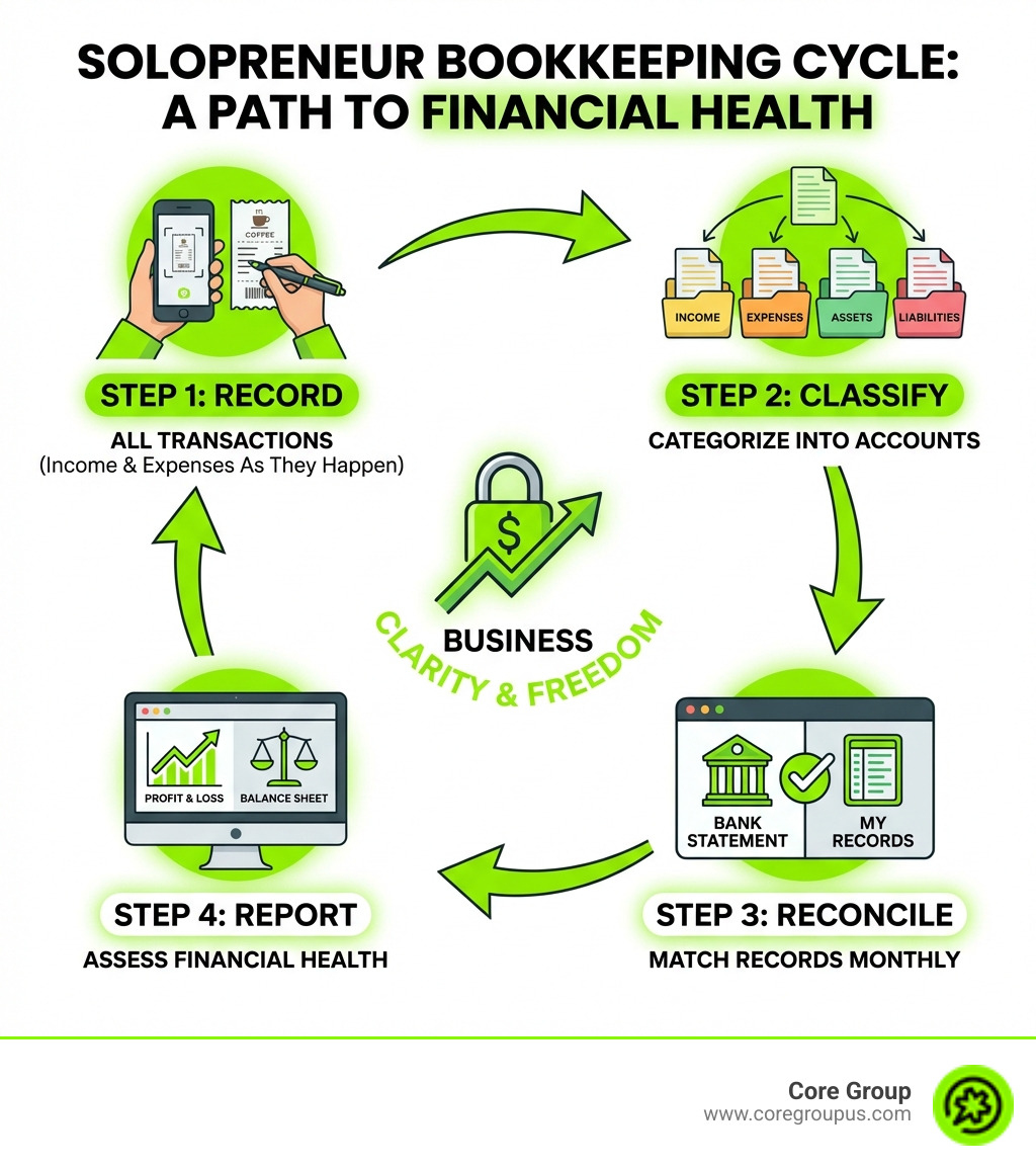 Infographic showing the bookkeeping cycle for solopreneurs: Step 1 - Record all income and expenses as they happen; Step 2 - Classify transactions into categories (income, expenses, assets, liabilities); Step 3 - Reconcile your records with bank statements monthly; Step 4 - Report on financial health through profit and loss statements and balance sheets - bookkeeping for solopreneurs infographic 
