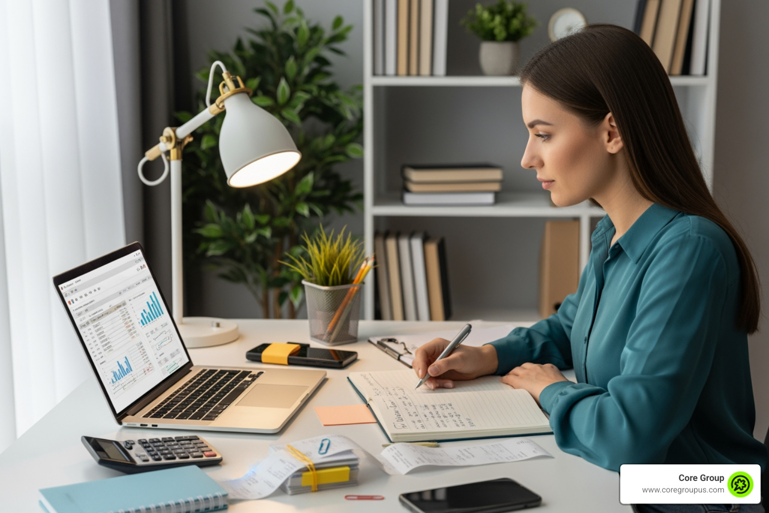 of a clean and organized digital workspace with a laptop showing a financial dashboard - bookkeeping for solopreneurs