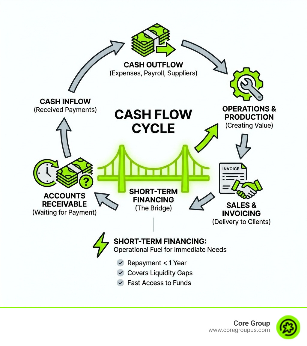 Infographic explaining the cash flow cycle and where short-term financing fits in - short term financing infographic 