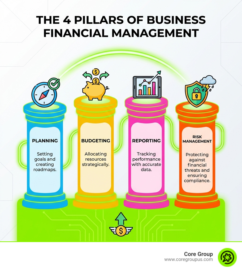 infographic showing the four pillars of business financial management: Planning (setting goals and creating roadmaps), Budgeting (allocating resources strategically), Reporting (tracking performance with accurate data), and Risk Management (protecting against financial threats and ensuring compliance) - Consultant financial management infographic 