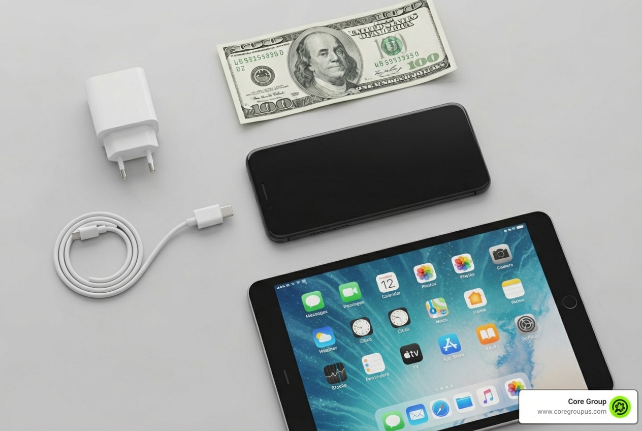 flat lay of phone, charger, apps, and bill - Business phone deduction