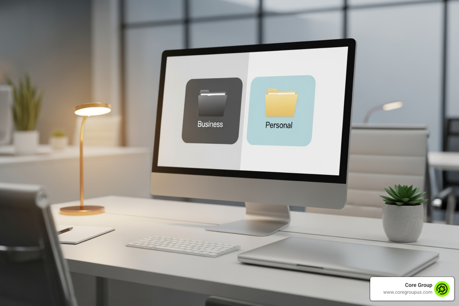 of a clean desk with separate folders or digital files labeled "Business" and "Personal" - bookkeeping for creatives of a clean desk with separate folders or digital files labeled "Business" and "Personal" - bookkeeping for creatives