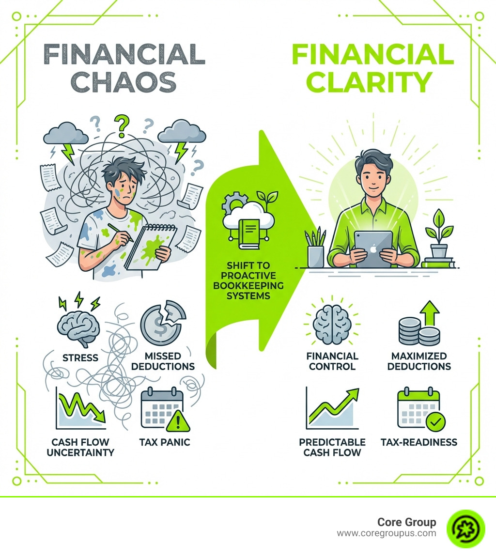 Infographic showing the transformation from financial chaos to clarity for creatives: Left side shows stress, missed deductions, cash flow uncertainty, and tax panic. Right side shows financial control, maximized deductions, predictable cash flow, and tax-readiness. Arrow in middle indicates the shift from reactive to proactive financial management through proper bookkeeping systems. - bookkeeping for creatives infographic Infographic showing the transformation from financial chaos to clarity for creatives: Left side shows stress, missed deductions, cash flow uncertainty, and tax panic. Right side shows financial control, maximized deductions, predictable cash flow, and tax-readiness. Arrow in middle indicates the shift from reactive to proactive financial management through proper bookkeeping systems. - bookkeeping for creatives infographic