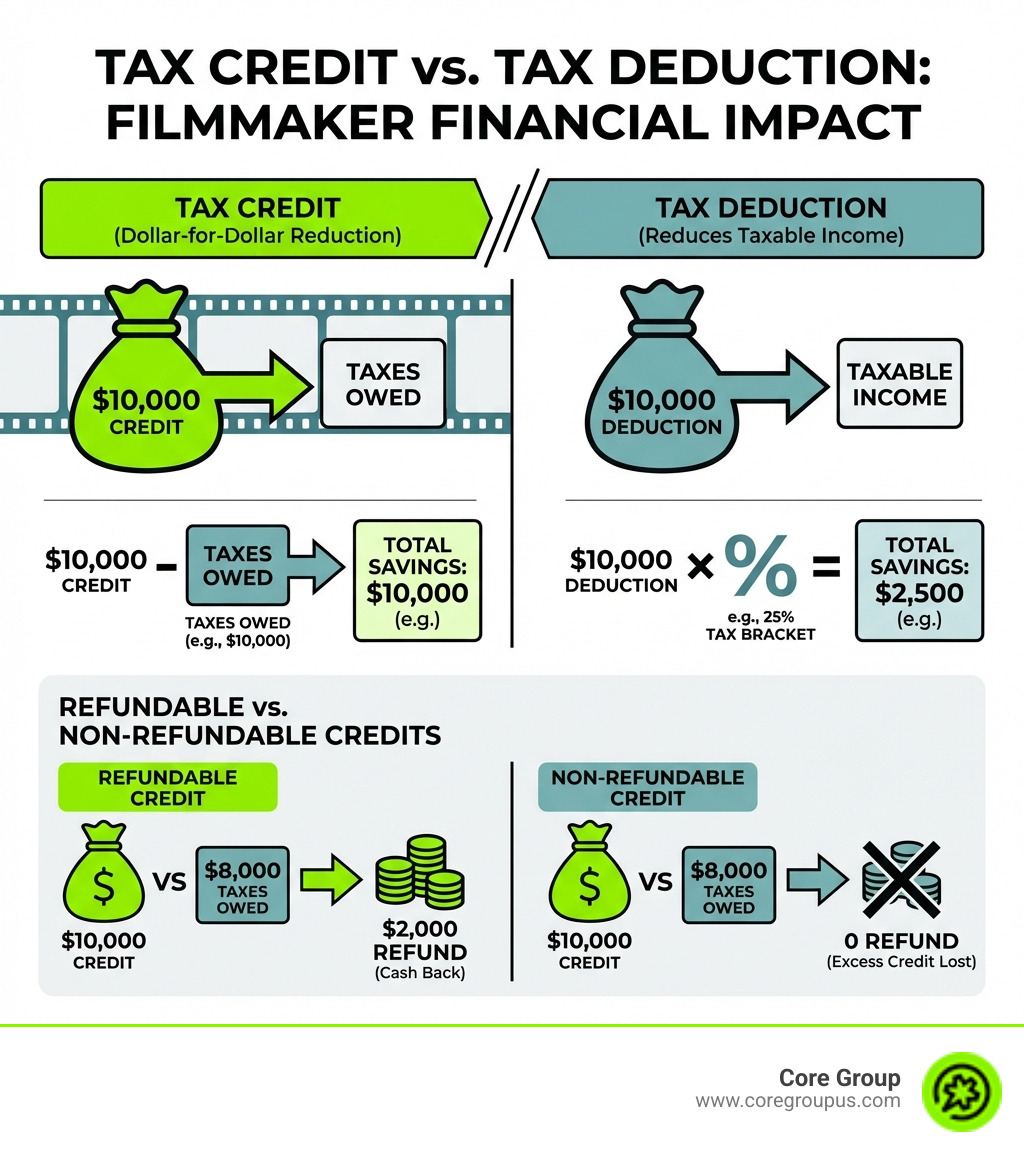 infographic showing the difference between tax credits (dollar-for-dollar reduction in taxes owed, e.g. $10,000 credit saves $10,000) versus tax deductions (reduces taxable income, e.g. $10,000 deduction in 25% bracket saves $2,500), with visual comparison of refundable credits (can result in refund) and non-refundable credits (limited to taxes owed) - Filmmaker tax deductions infographic infographic showing the difference between tax credits (dollar-for-dollar reduction in taxes owed, e.g. $10,000 credit saves $10,000) versus tax deductions (reduces taxable income, e.g. $10,000 deduction in 25% bracket saves $2,500), with visual comparison of refundable credits (can result in refund) and non-refundable credits (limited to taxes owed) - Filmmaker tax deductions infographic
