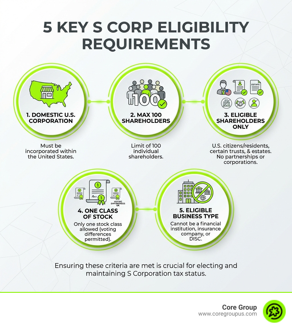 Infographic showing the 5 main S corp eligibility requirements: must be a domestic U.S. corporation, maximum 100 shareholders, shareholders must be U.S. citizens or residents (individuals, certain trusts, or estates only), only one class of stock allowed (voting differences permitted), and business cannot be a financial institution, insurance company, or DISC - S corp eligibility requirements infographic 