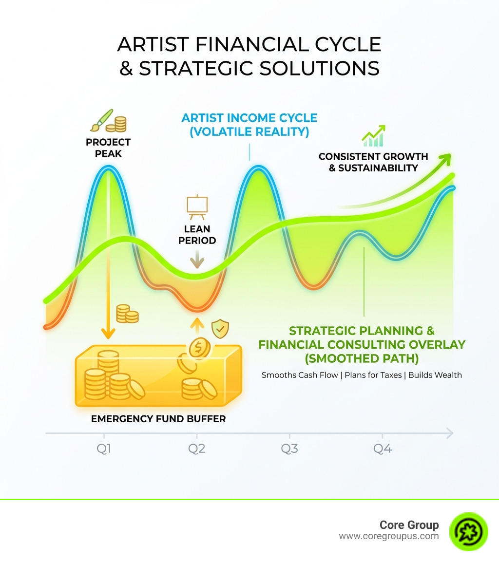 infographic showing the artist financial cycle with income peaks and valleys, emergency fund buffer, and strategic planning overlay that smooths the volatility - financial consulting for artists infographic 