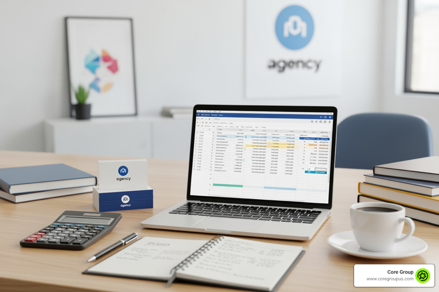 clean desk with a laptop showing accounting software, a calculator, and a notebook - Bookkeeping for agencies