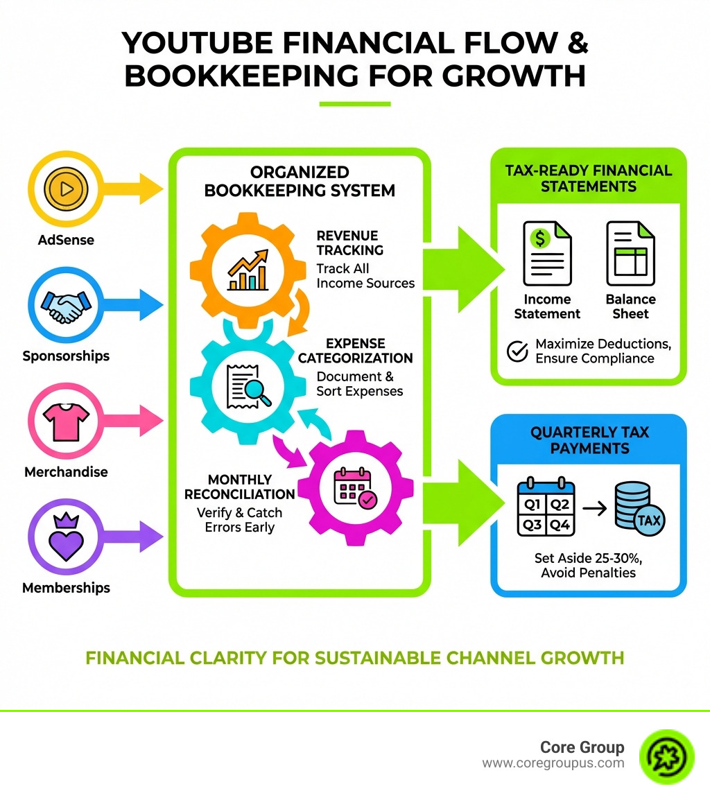 Infographic showing the flow of YouTube income from multiple platforms (AdSense, sponsorships, merchandise, memberships) through organized bookkeeping systems to tax-ready financial statements including revenue tracking, expense categorization, monthly reconciliation, and quarterly tax payments - Bookkeeping for YouTubers infographic 