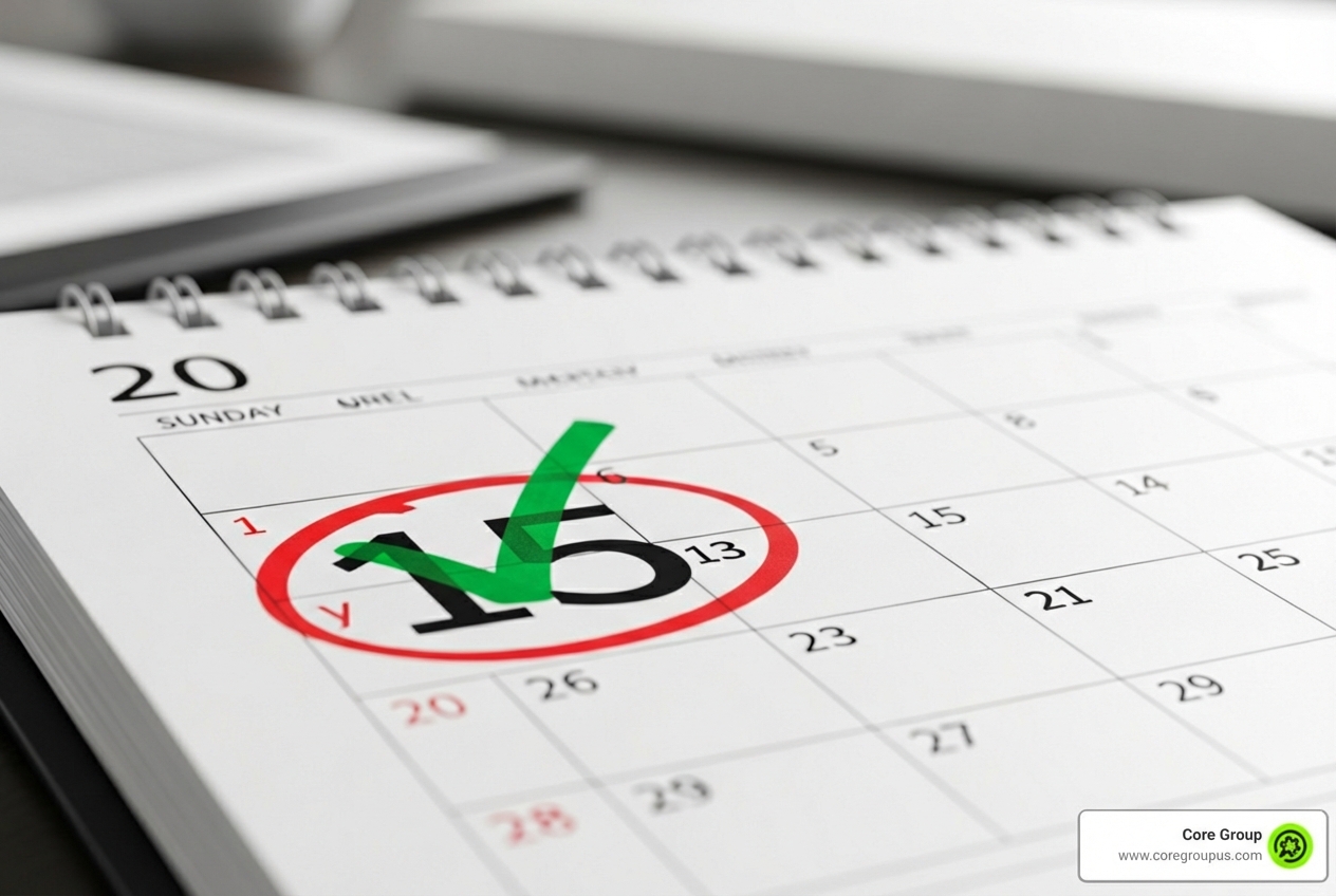 calendar with "Payroll Due!" circled in red and crossed out with a green checkmark - payroll hr services small business