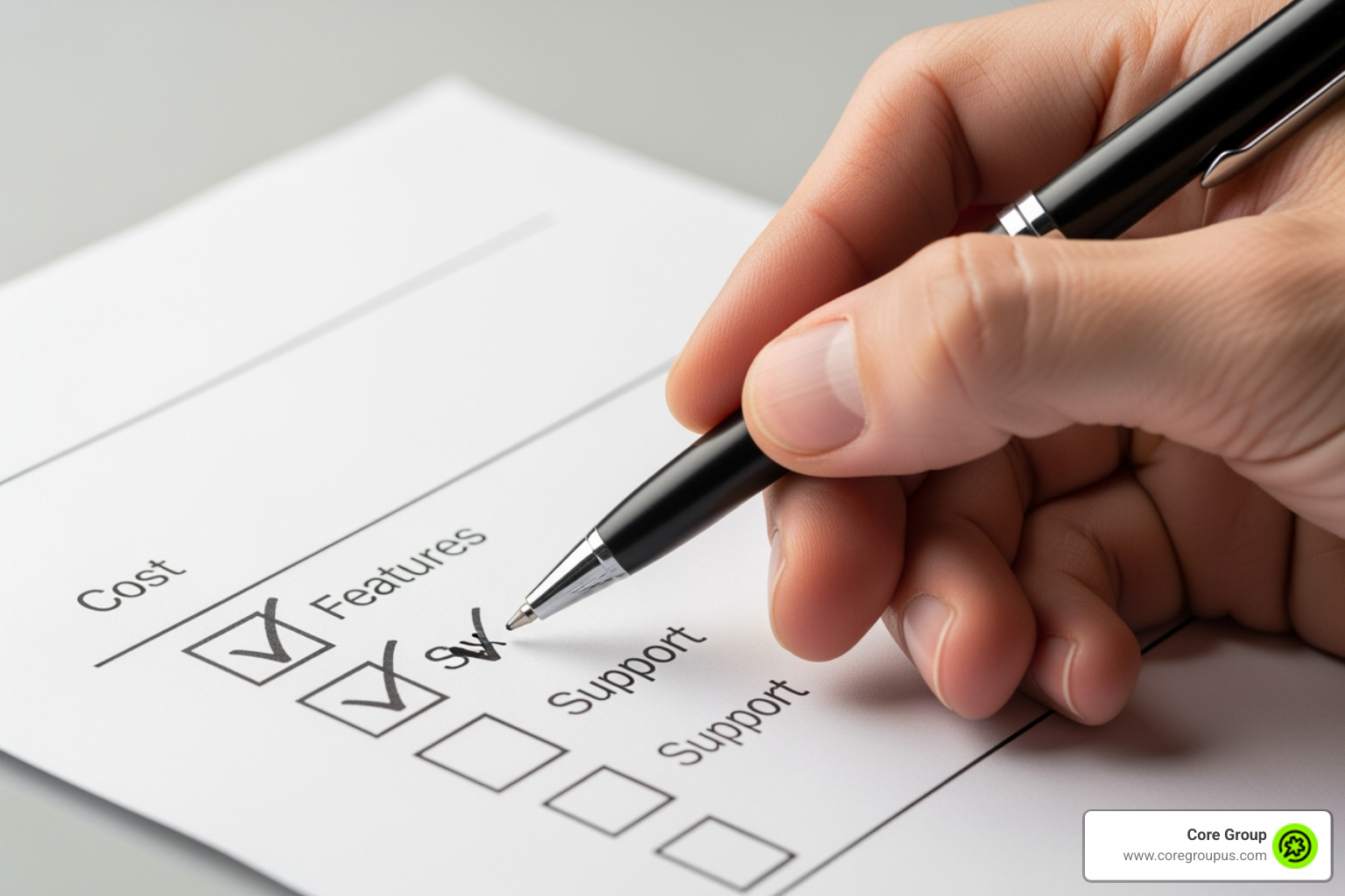 checklist with items like "Cost," "Features," and "Support" ticked off - payroll hr services small business