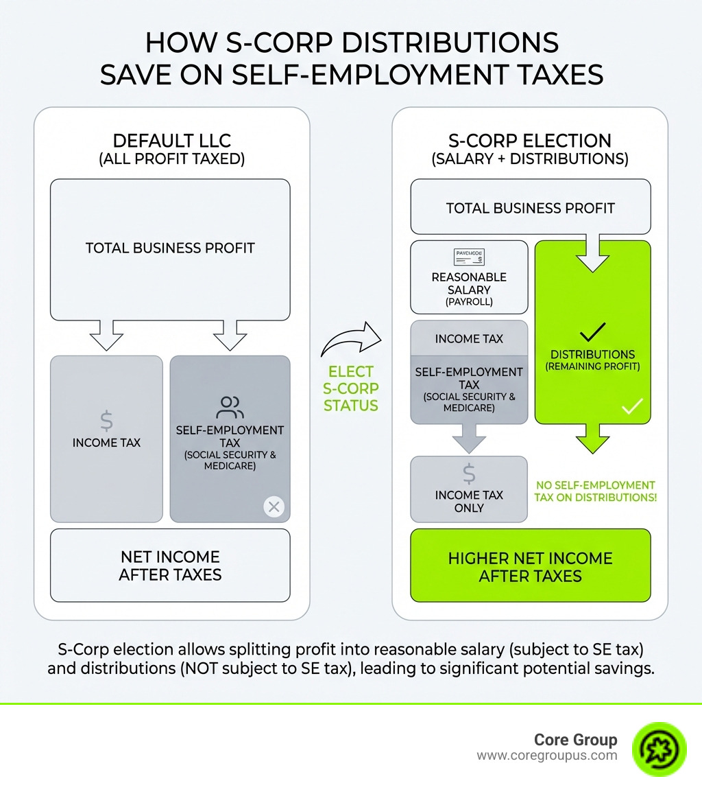 INFOGRAPHIC explaining how S-corp distributions save on self-employment taxes - S-corp setup process infographic INFOGRAPHIC explaining how S-corp distributions save on self-employment taxes - S-corp setup process infographic