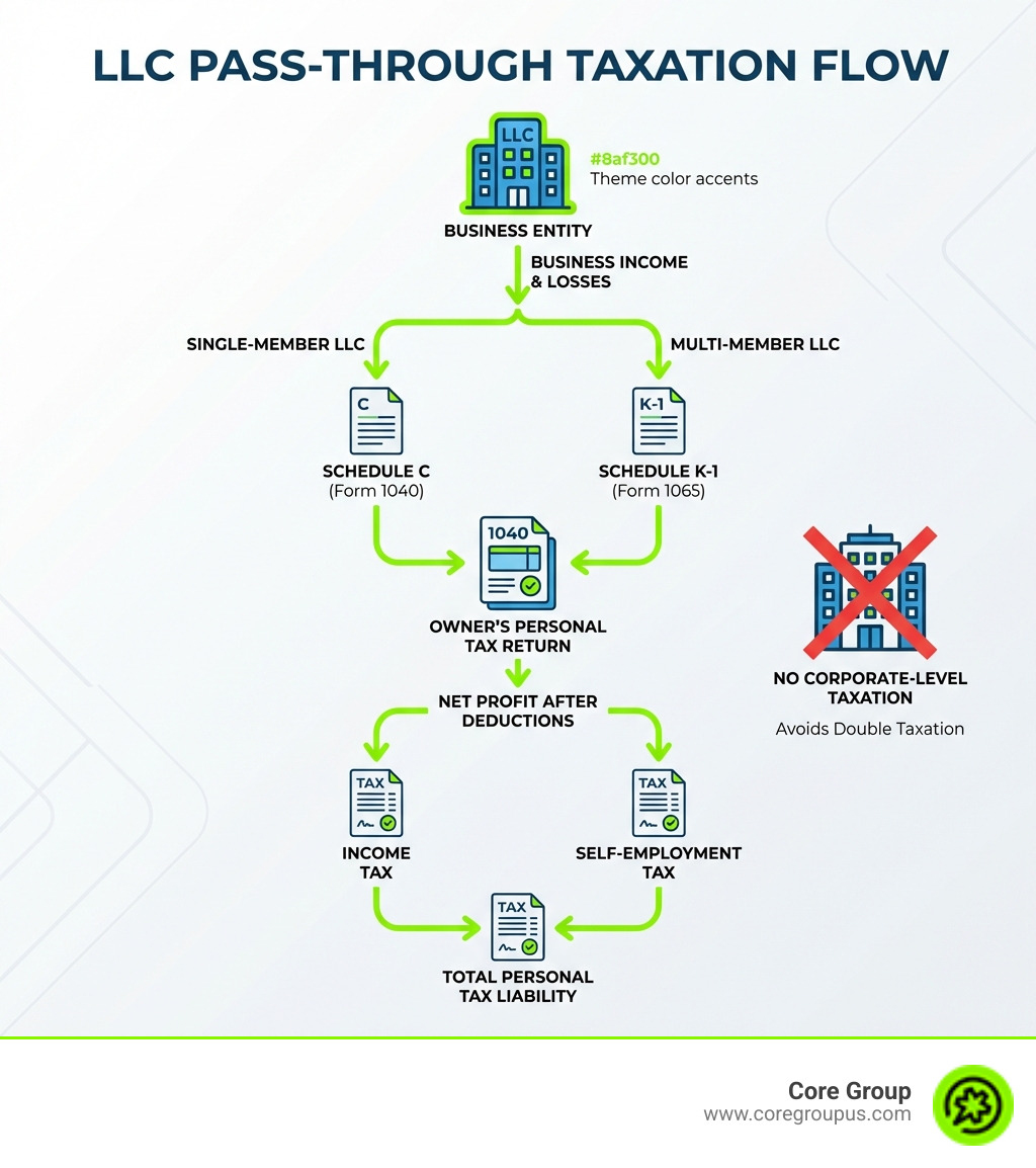Infographic showing how pass-through taxation works for an LLC: Business income flows through to owner's personal tax return (Schedule C for single-member LLC or Schedule K-1 for multi-member LLC), owner pays income tax and self-employment tax on net profit after deductions, avoiding corporate-level taxation - llc tax deductions infographic Infographic showing how pass-through taxation works for an LLC: Business income flows through to owner's personal tax return (Schedule C for single-member LLC or Schedule K-1 for multi-member LLC), owner pays income tax and self-employment tax on net profit after deductions, avoiding corporate-level taxation - llc tax deductions infographic