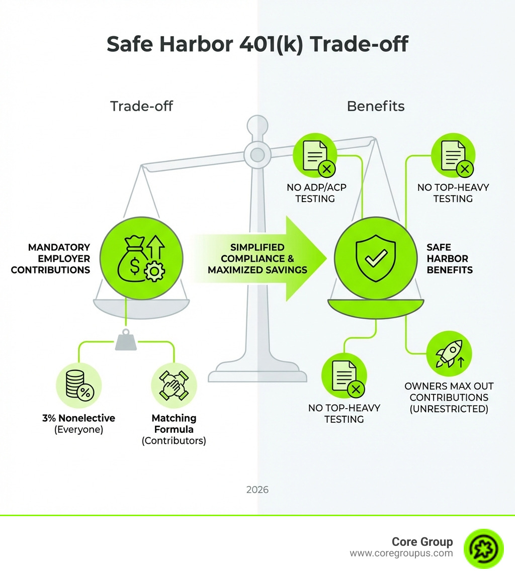 infographic showing the safe harbor 401k trade-off: on the left side, mandatory employer contributions of 3% nonelective or matching formula; on the right side, benefits including no ADP/ACP testing, no top-heavy testing, and owners can contribute maximum amounts without restrictions - safe harbor 401k infographic 