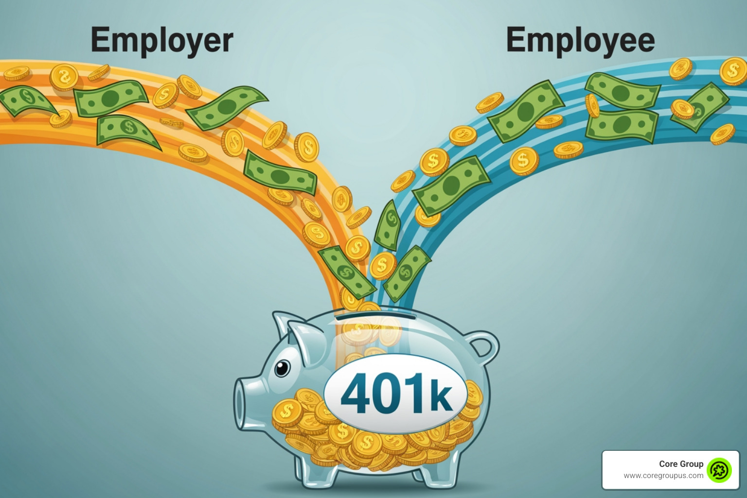 illustration of money flowing into a 401k plan from both employer and employee contributions - safe harbor 401k