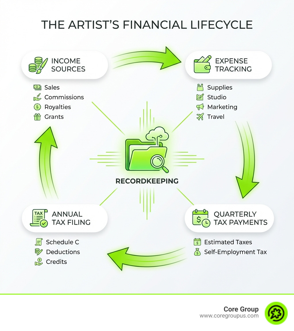 Infographic showing the artist financial lifecycle: Income Sources (sales, commissions, royalties, grants) flows to Expense Tracking (supplies, studio, marketing, travel) flows to Quarterly Tax Payments (estimated taxes, self-employment tax) flows to Annual Tax Filing (Schedule C, deductions, credits) with recordkeeping connecting all stages - accounting for artists infographic 