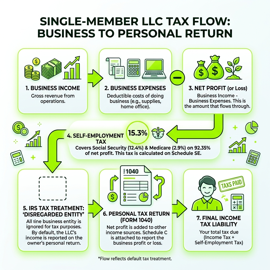 Flow chart showing how single member LLC taxes work from business income to personal return - single member llc taxes