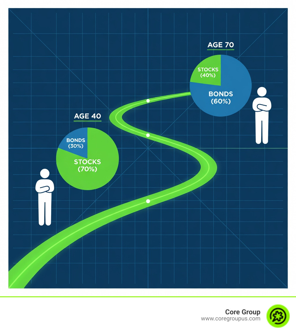 infographic explaining the 110 minus age rule for asset allocation showing that a 40-year-old should have roughly 70 percent in stocks and 30 percent in bonds while a 70-year-old should have 40 percent in stocks and 60 percent in bonds - safe 401k options infographic infographic explaining the 110 minus age rule for asset allocation showing that a 40-year-old should have roughly 70 percent in stocks and 30 percent in bonds while a 70-year-old should have 40 percent in stocks and 60 percent in bonds - safe 401k options infographic