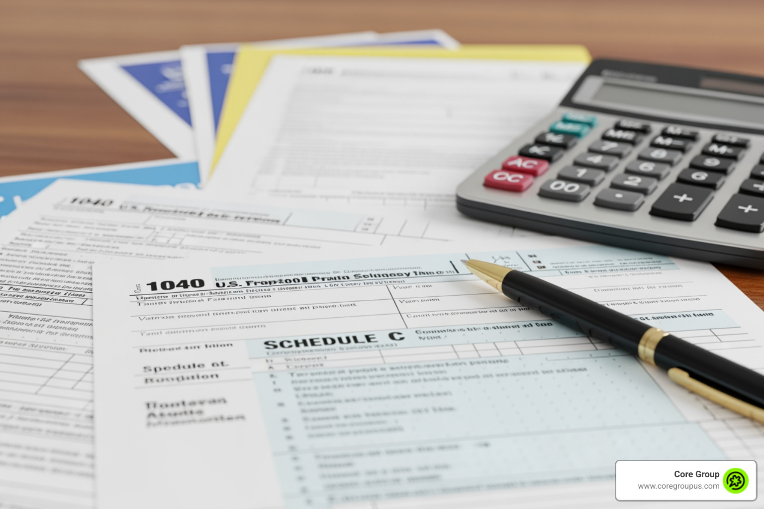 IRS tax forms and a calculator - creative business expenses