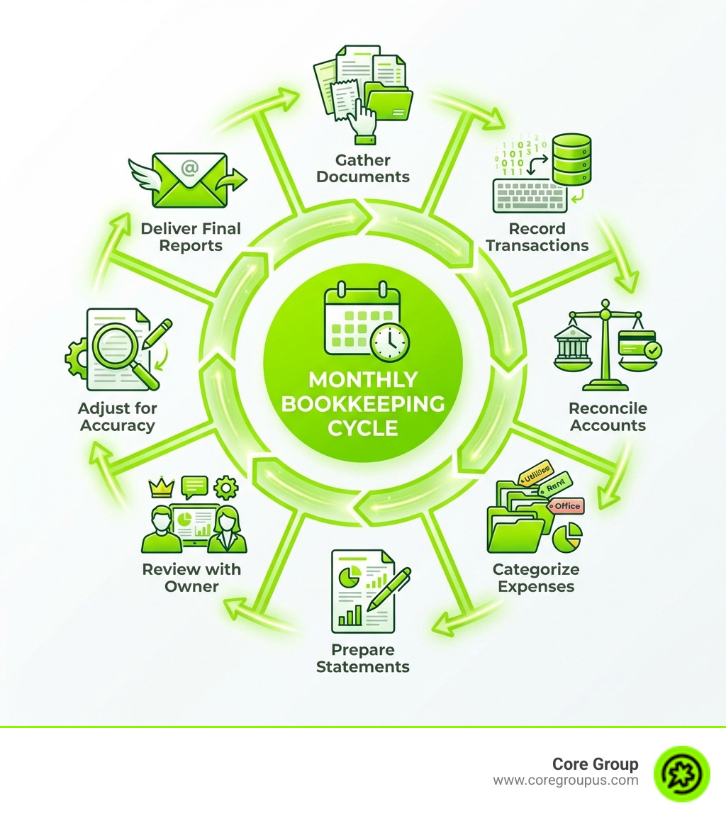 Infographic showing the monthly bookkeeping cycle: gathering financial documents, recording transactions, reconciling bank accounts, categorizing expenses, preparing financial statements, reviewing with owner, adjusting for accuracy, and delivering final reports - bookeeping services infographic Infographic showing the monthly bookkeeping cycle: gathering financial documents, recording transactions, reconciling bank accounts, categorizing expenses, preparing financial statements, reviewing with owner, adjusting for accuracy, and delivering final reports - bookeeping services infographic