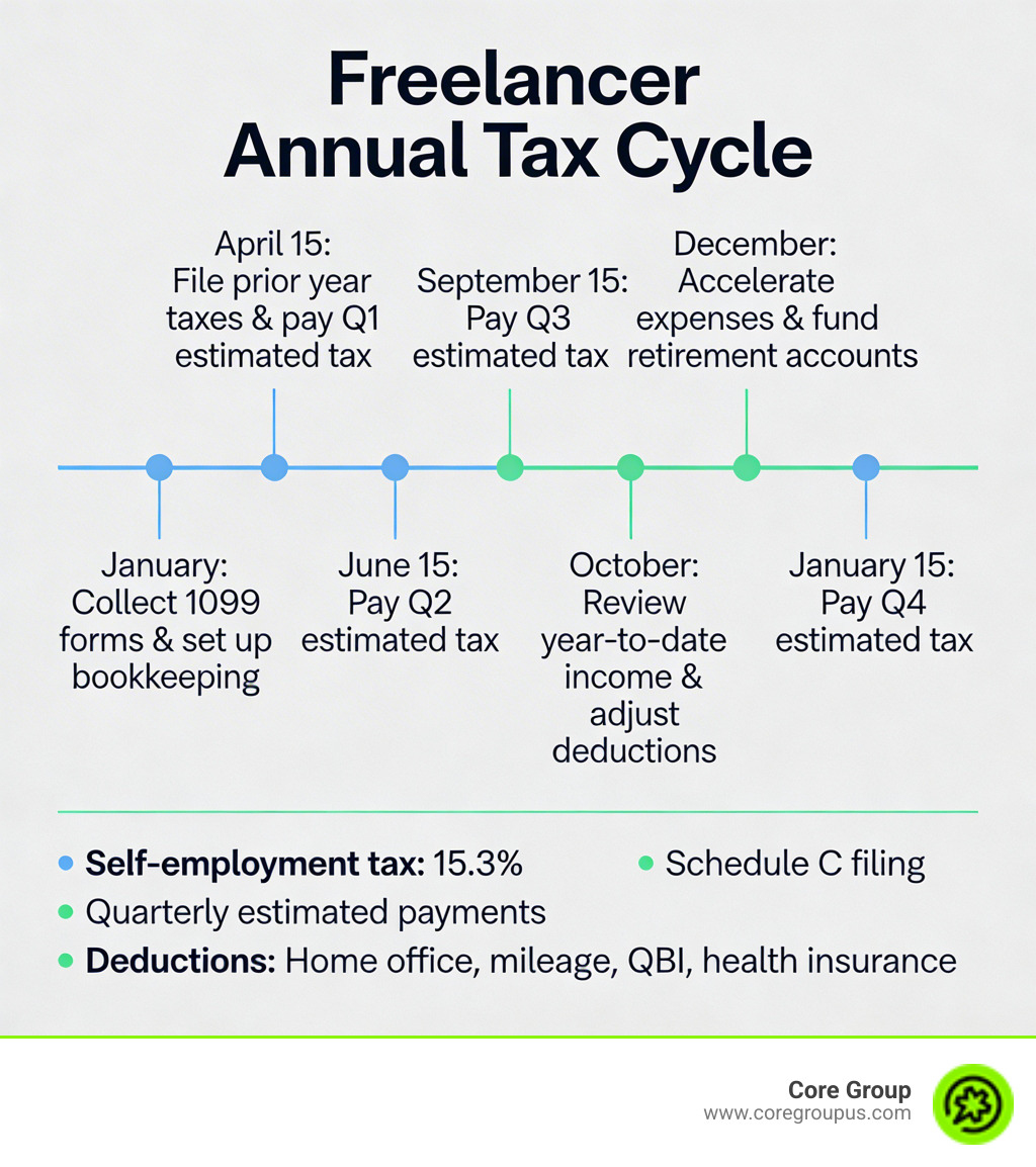 Infographic showing the annual freelancer tax cycle: January - collect 1099 forms and set up bookkeeping; April 15 - file prior year taxes and pay Q1 estimated tax; June 15 - pay Q2 estimated tax; September 15 - pay Q3 estimated tax; October - review year-to-date income and adjust deductions; December - accelerate expenses, fund retirement accounts; January 15 - pay Q4 estimated tax; key obligations include self-employment tax at 15.3%, quarterly estimated payments, Schedule C filing, and available deductions like home office, mileage, QBI, and health insurance - tax planning for freelancers infographic Infographic showing the annual freelancer tax cycle: January - collect 1099 forms and set up bookkeeping; April 15 - file prior year taxes and pay Q1 estimated tax; June 15 - pay Q2 estimated tax; September 15 - pay Q3 estimated tax; October - review year-to-date income and adjust deductions; December - accelerate expenses, fund retirement accounts; January 15 - pay Q4 estimated tax; key obligations include self-employment tax at 15.3%, quarterly estimated payments, Schedule C filing, and available deductions like home office, mileage, QBI, and health insurance - tax planning for freelancers infographic
