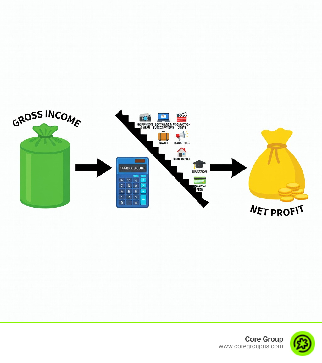 infographic showing how business deductions reduce taxable income and increase net profit for freelance videographers