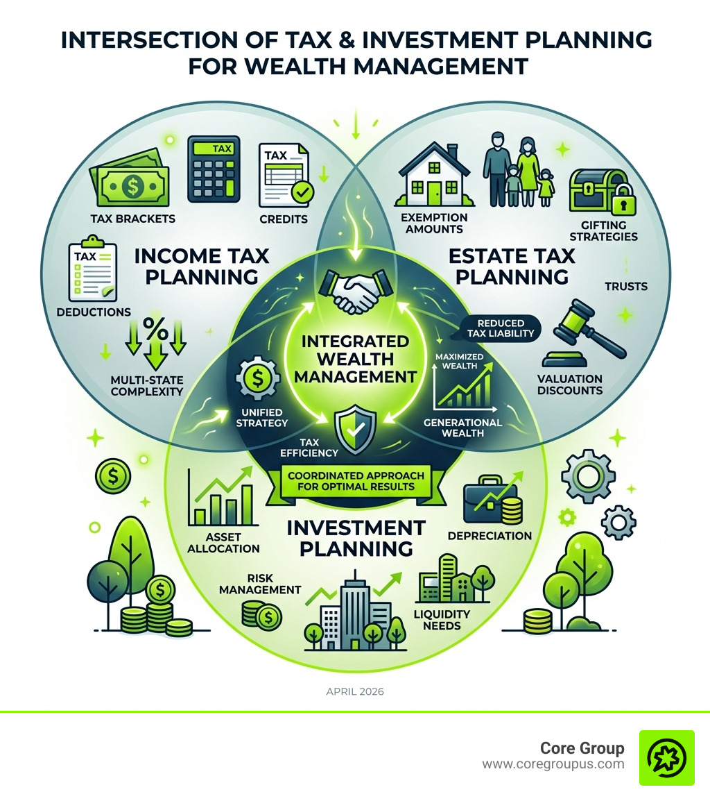Infographic showing the intersection of income tax, estate tax, and investment planning for integrated wealth management