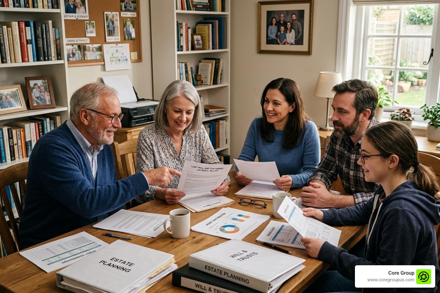 A family meeting discussing wealth transition and legacy goals - how firms integrate estate investment tax planning