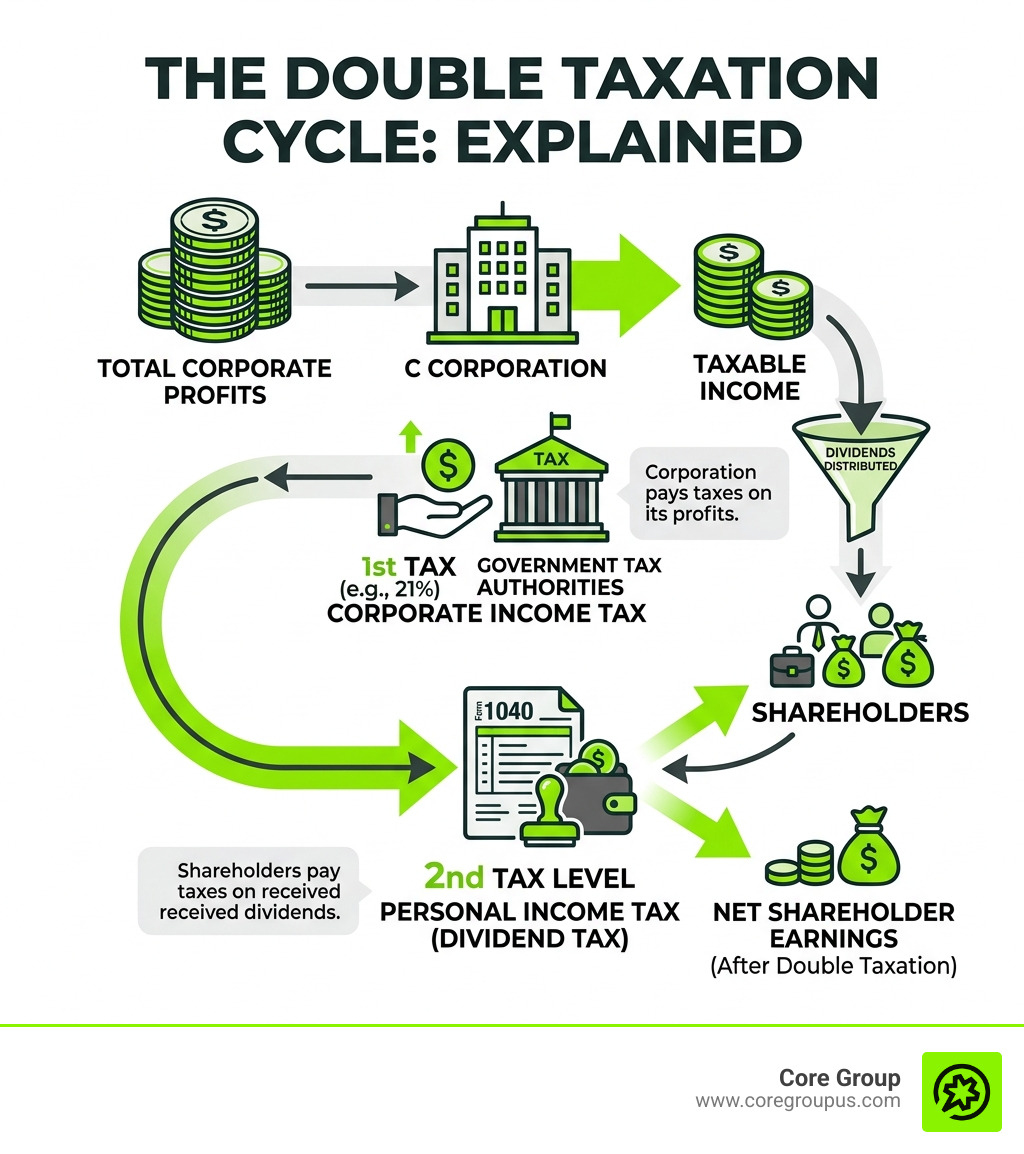double tax cycle infographic showing corporate profits taxed twice at corporate and shareholder level - Avoid double