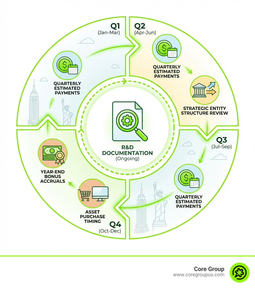 Infographic showing the annual tax planning cycle for NYC businesses, including quarterly estimated payments, year-end bonus accruals, asset purchase timing, R&D documentation throughout the year, and strategic entity structure reviews - Business tax optimization infographic 