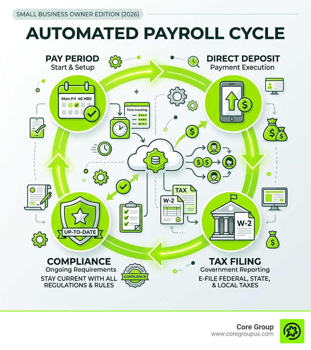 Automated payroll cycle showing pay period, tax filing, direct deposit, and compliance steps - payroll services for small Automated payroll cycle showing pay period, tax filing, direct deposit, and compliance steps - payroll services for small