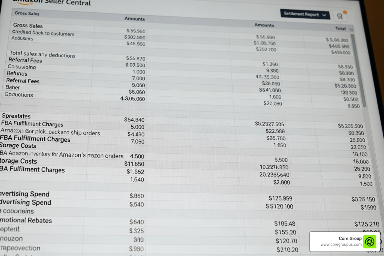 A complex Amazon settlement report showing dozens of line items