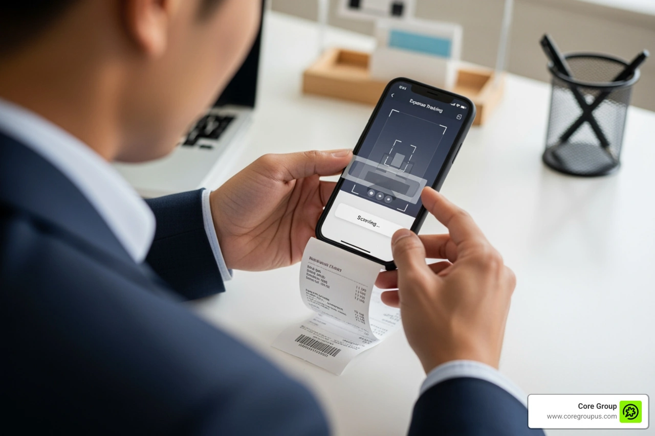 Small business owner using a mobile app to scan a receipt for automated expense tracking
