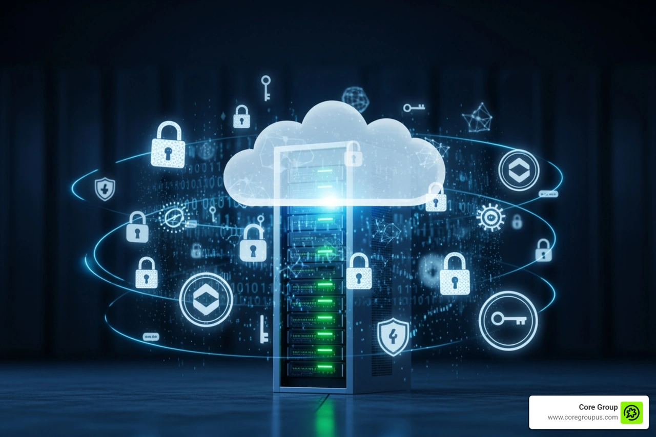 Graphic representing secure cloud data encryption and financial privacy protections