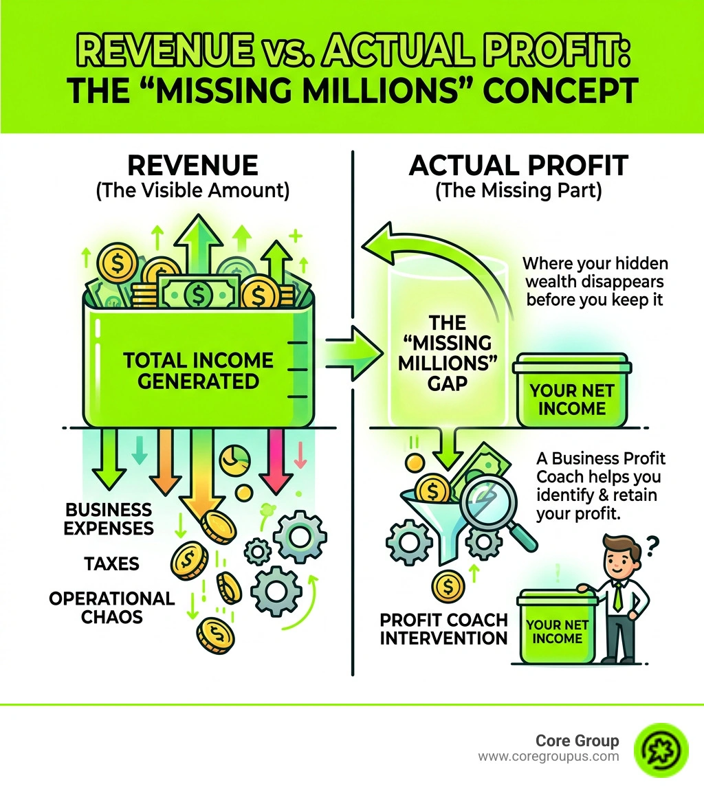 Infographic showing the missing millions concept: revenue vs. actual profit kept by small business owners - business profit Infographic showing the missing millions concept: revenue vs. actual profit kept by small business owners - business profit