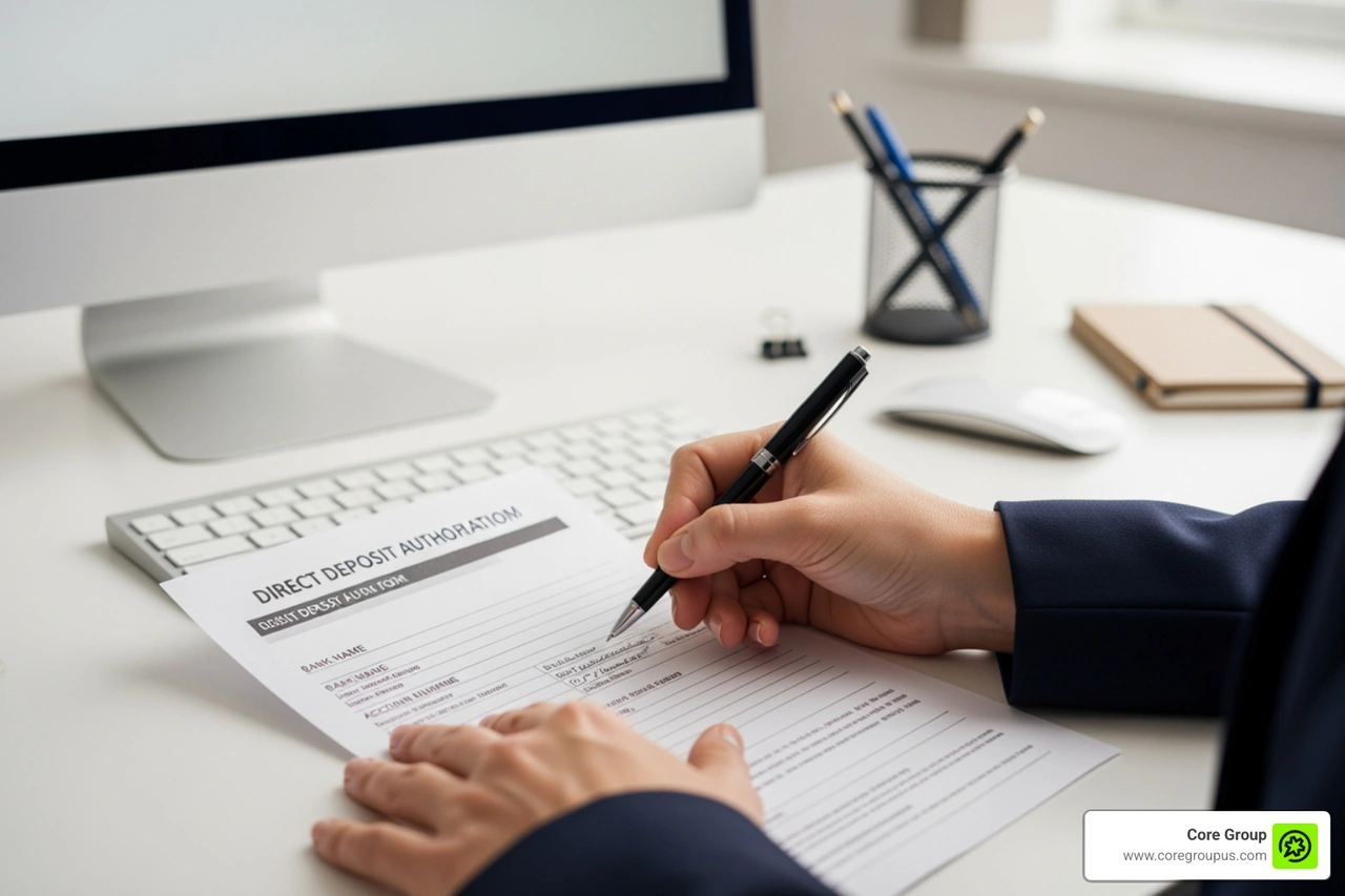 Employee filling out a direct deposit authorization form to provide banking details