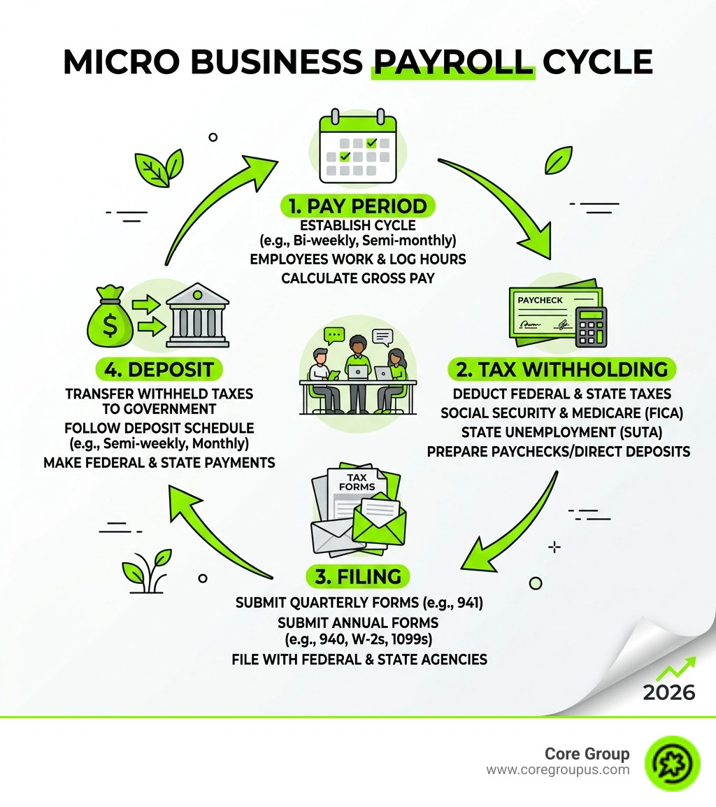 Micro business payroll cycle showing pay period, tax withholding, filing, and deposit steps - micro business payroll Micro business payroll cycle showing pay period, tax withholding, filing, and deposit steps - micro business payroll