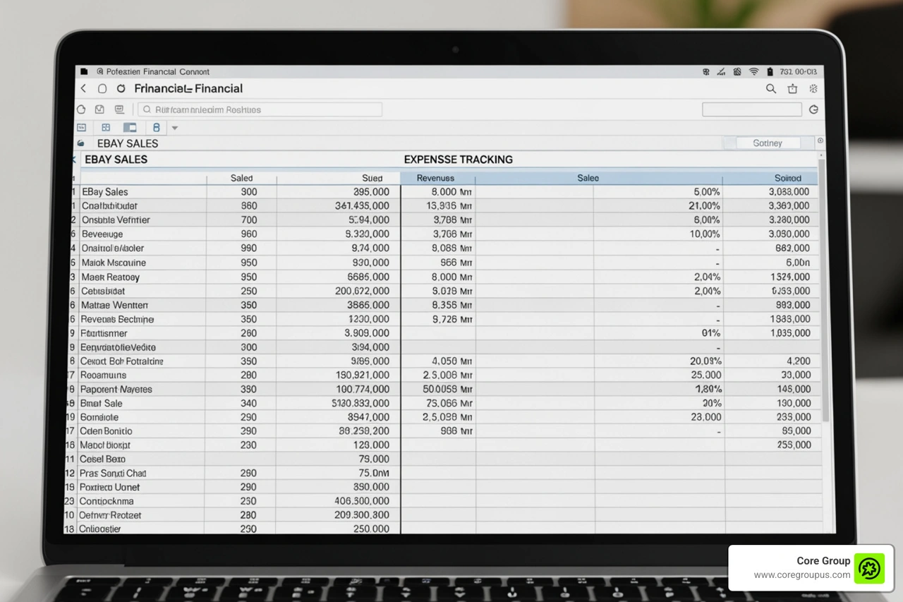 financial spreadsheet showing eBay sales and expense tracking