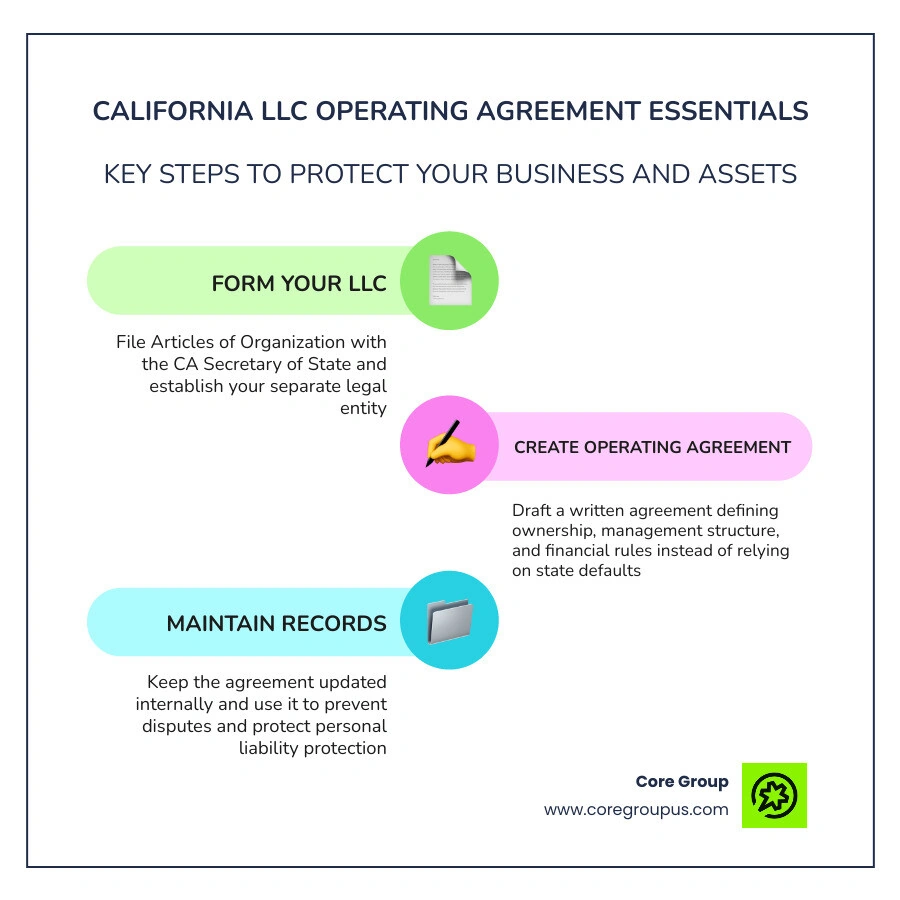 California LLC operating agreement key components infographic infographic