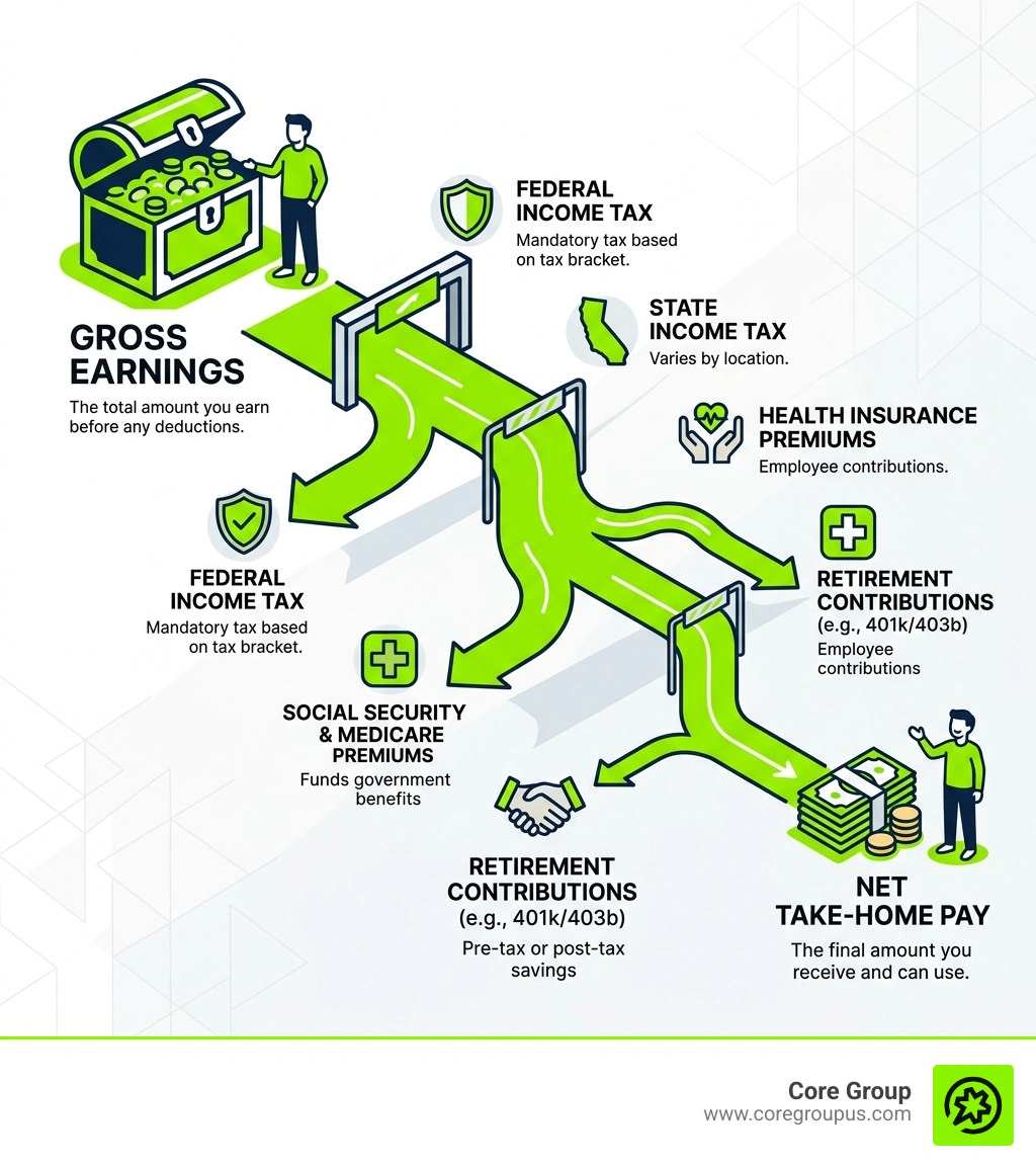 Infographic showing the journey from gross earnings to net take-home pay with deductions labeled - gross pay meaning