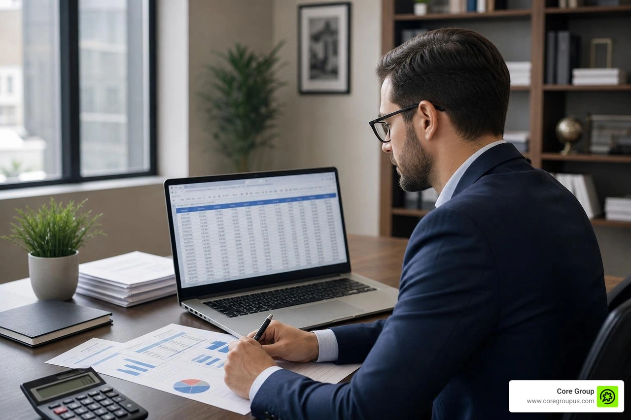 A tax professional analyzing financial spreadsheets on a laptop screen A tax professional analyzing financial spreadsheets on a laptop screen