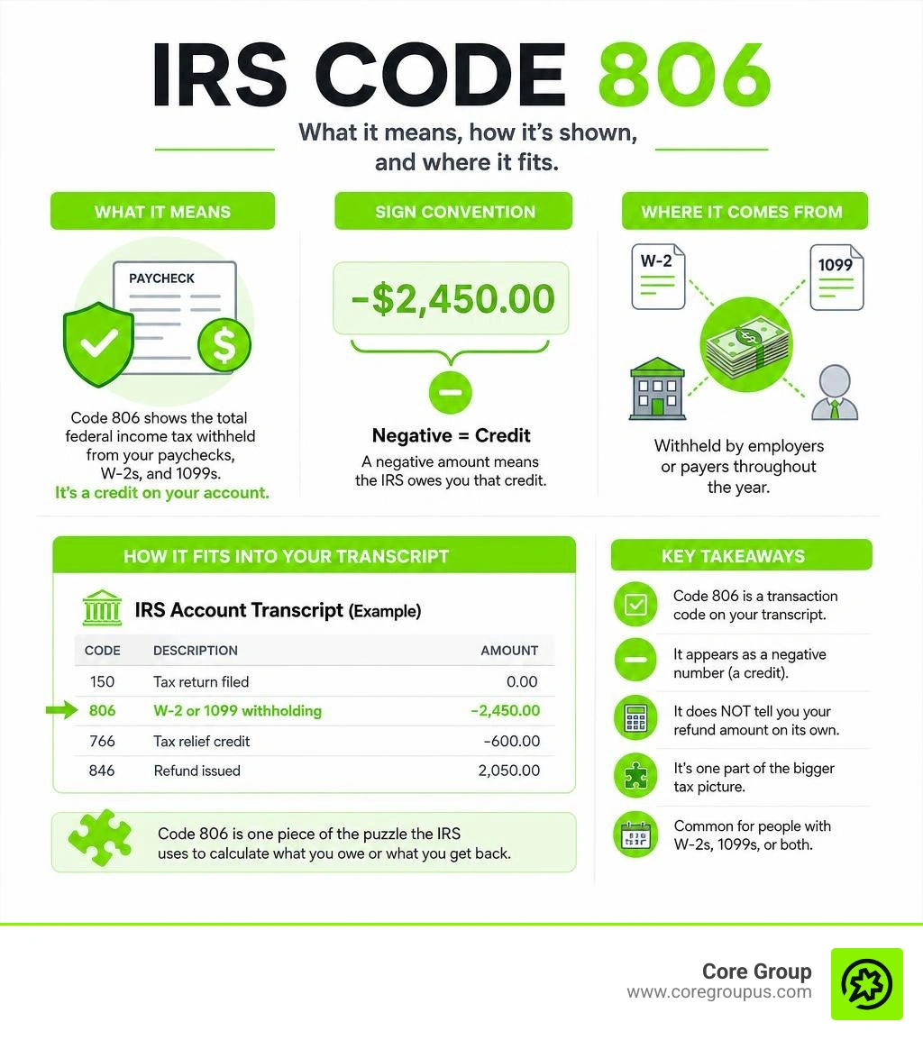 Infographic explaining IRS Code 806 meaning, sign convention, and how it fits into transcript codes infographic Infographic explaining IRS Code 806 meaning, sign convention, and how it fits into transcript codes infographic