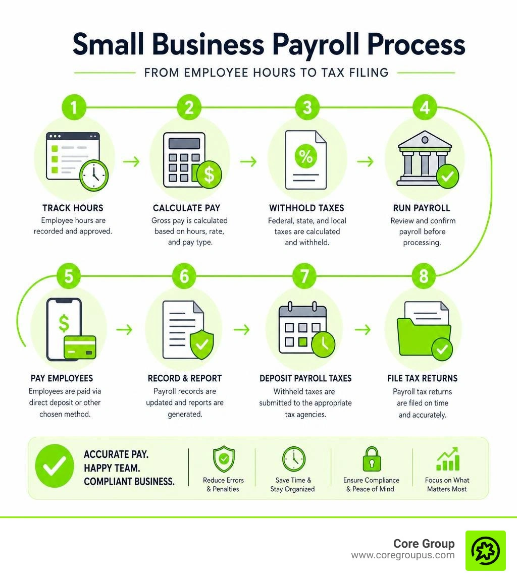 Infographic showing the small business payroll process from employee hours to tax filing infographic Infographic showing the small business payroll process from employee hours to tax filing infographic
