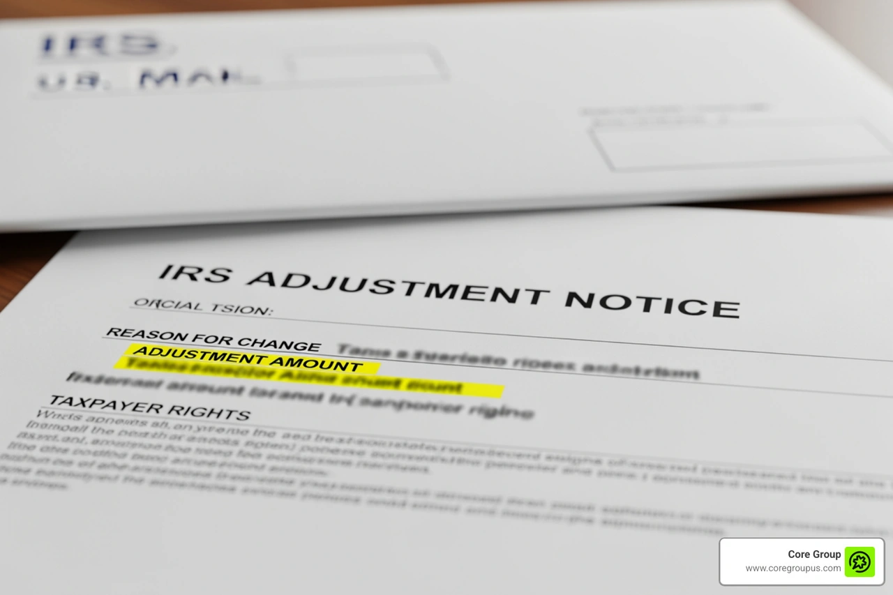 Example of an IRS adjustment notice highlighting the sections where a taxpayer can find the reason for the change Example of an IRS adjustment notice highlighting the sections where a taxpayer can find the reason for the change