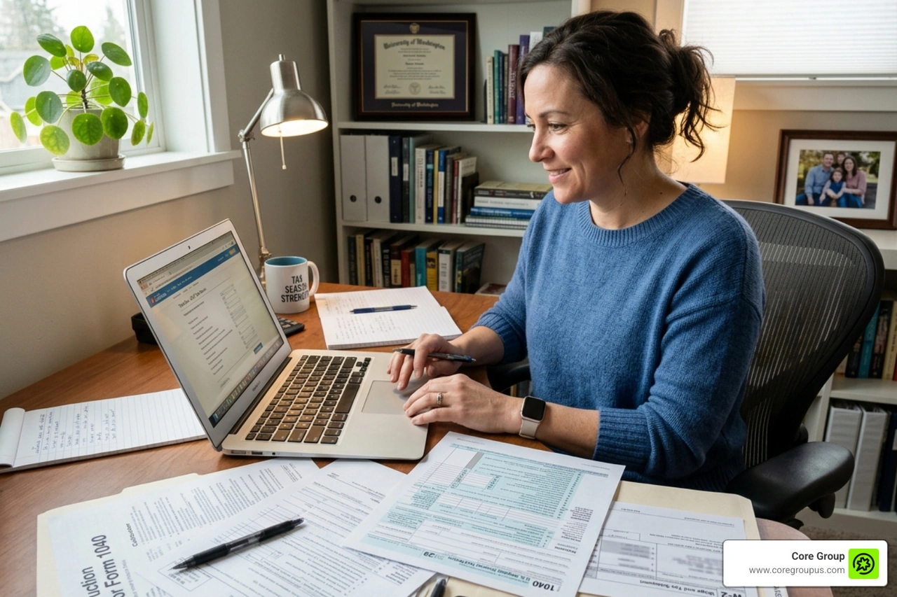 A person filing taxes on a laptop with IRS forms scattered nearby - how to calculate overtime tax rate A person filing taxes on a laptop with IRS forms scattered nearby - how to calculate overtime tax rate