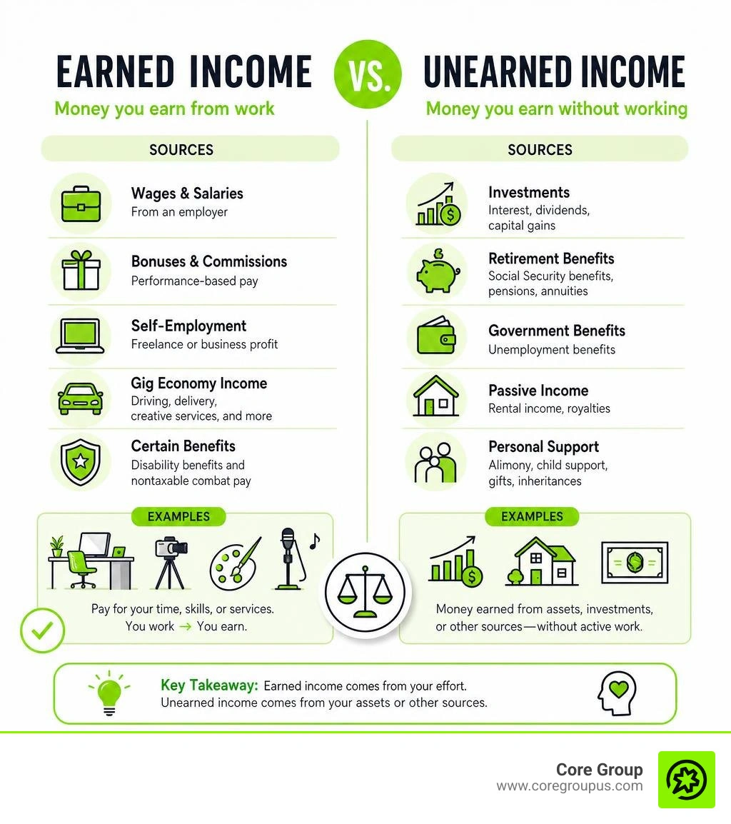 Earned income vs unearned income sources and examples comparison infographic infographic