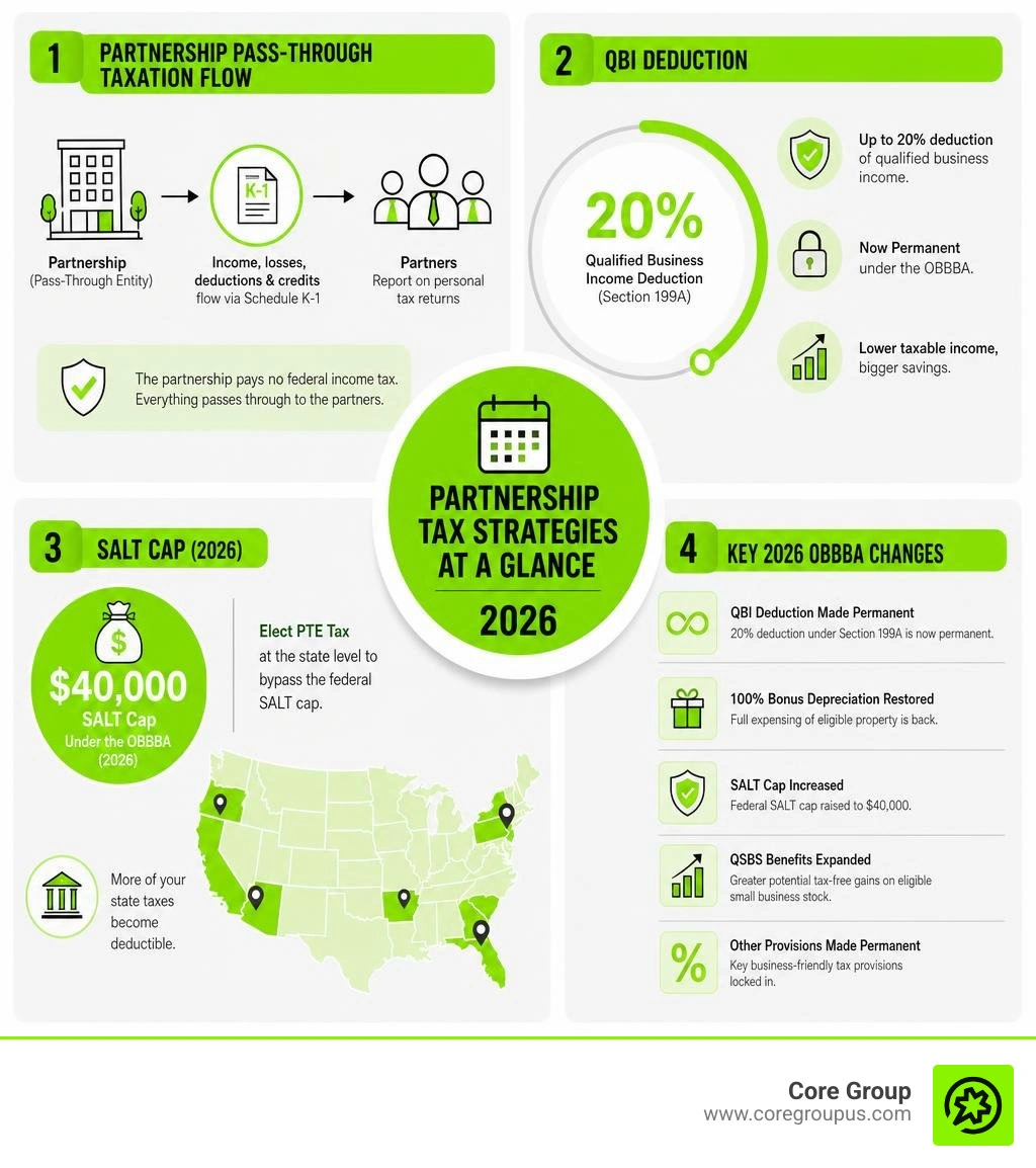 Partnership pass-through taxation flow, QBI deduction, SALT cap, and key 2026 OBBBA changes overview infographic